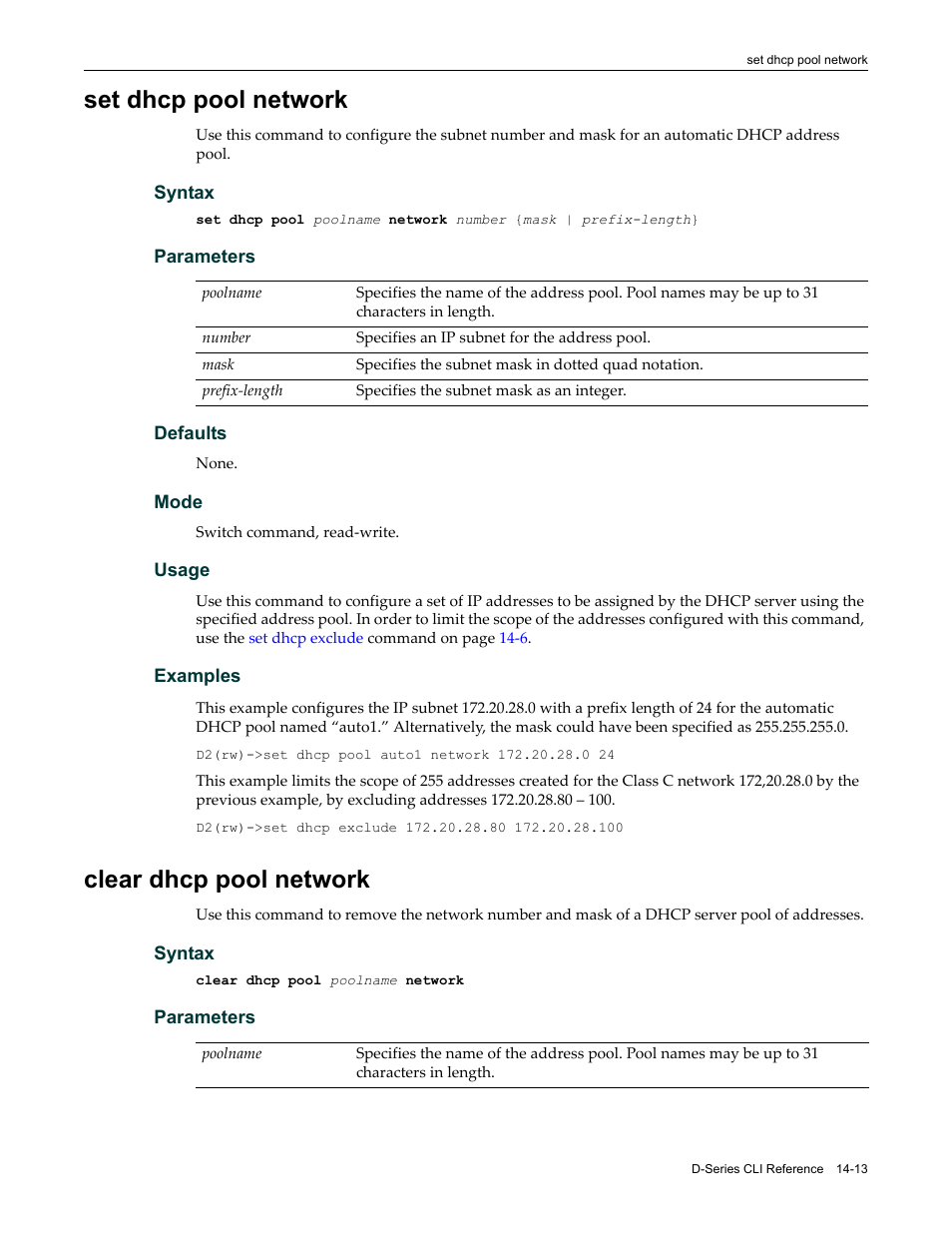 Set dhcp pool network, Clear dhcp pool network | Enterasys Networks Enterasys D2 D2G124-12P User Manual | Page 407 / 496