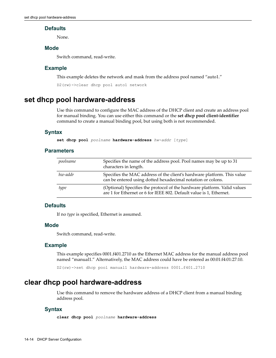 Set dhcp pool hardware-address, Clear dhcp pool hardware-address | Enterasys Networks Enterasys D2 D2G124-12P User Manual | Page 408 / 496