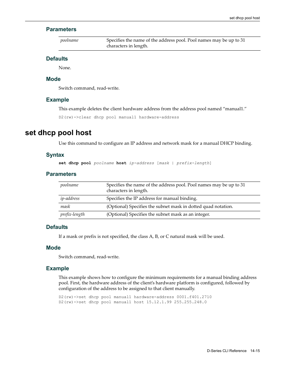 Set dhcp pool host, Set dhcp pool host -15 | Enterasys Networks Enterasys D2 D2G124-12P User Manual | Page 409 / 496