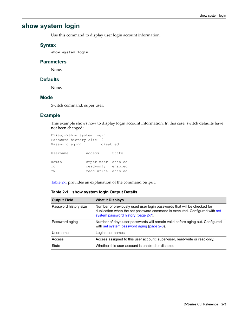 Show system login, Show system login -3 | Enterasys Networks Enterasys D2 D2G124-12P User Manual | Page 41 / 496