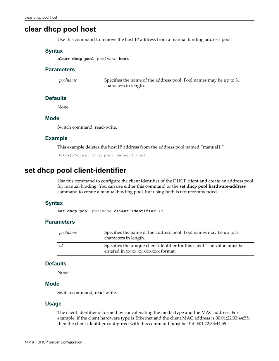 Clear dhcp pool host, Set dhcp pool client-identifier | Enterasys Networks Enterasys D2 D2G124-12P User Manual | Page 410 / 496