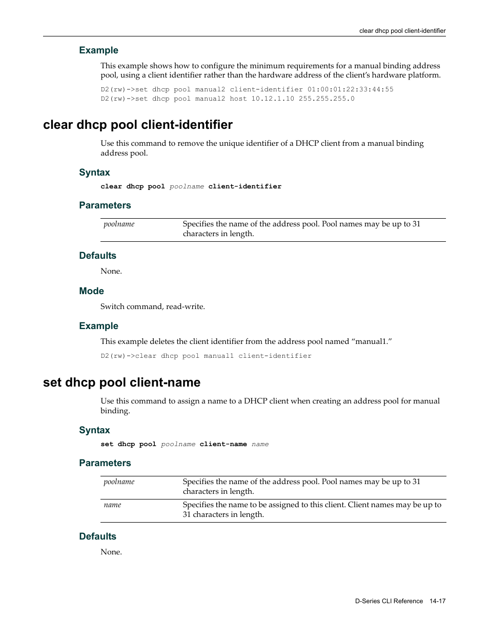 Clear dhcp pool client-identifier, Set dhcp pool client-name | Enterasys Networks Enterasys D2 D2G124-12P User Manual | Page 411 / 496