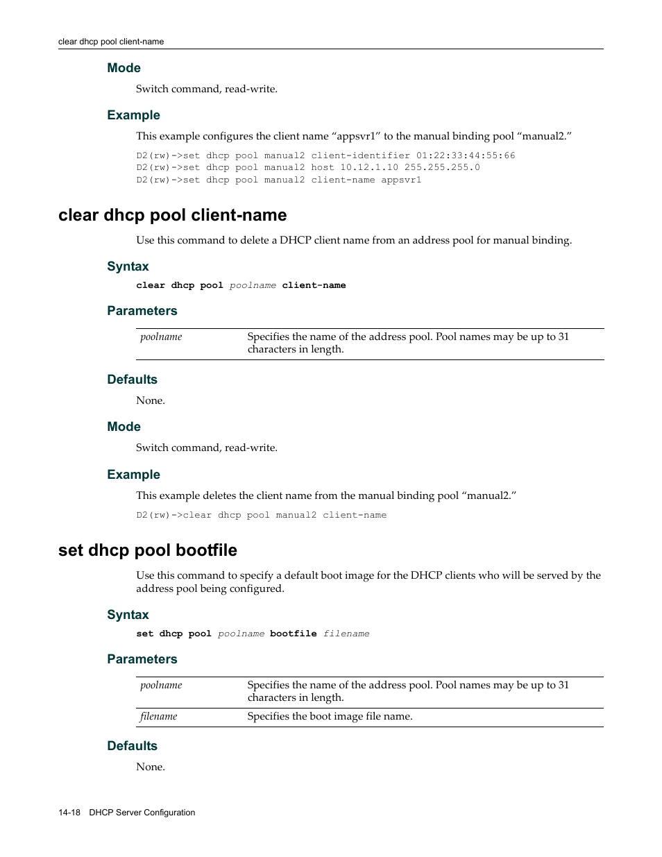 Clear dhcp pool client-name, Set dhcp pool bootfile | Enterasys Networks Enterasys D2 D2G124-12P User Manual | Page 412 / 496