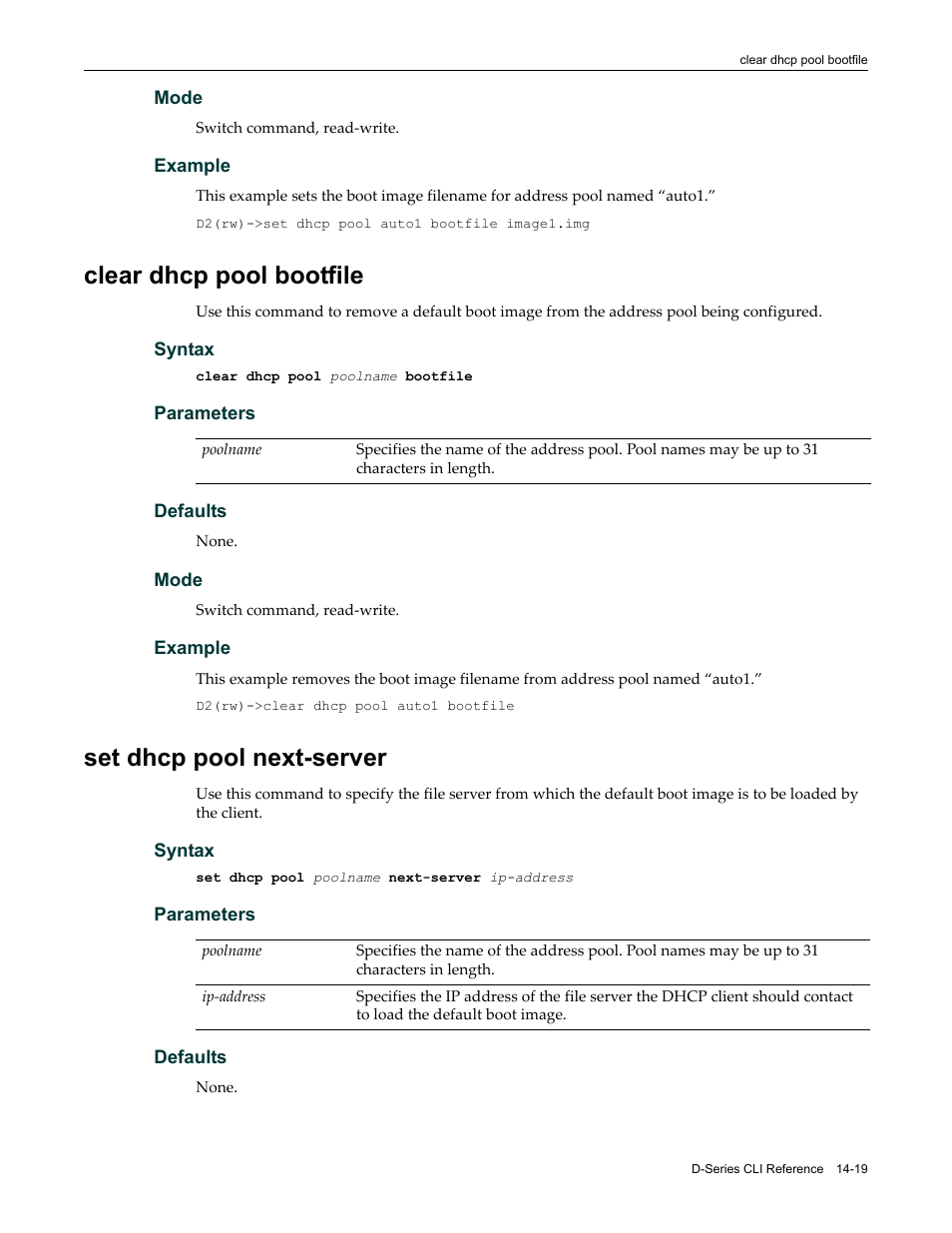 Clear dhcp pool bootfile, Set dhcp pool next-server | Enterasys Networks Enterasys D2 D2G124-12P User Manual | Page 413 / 496