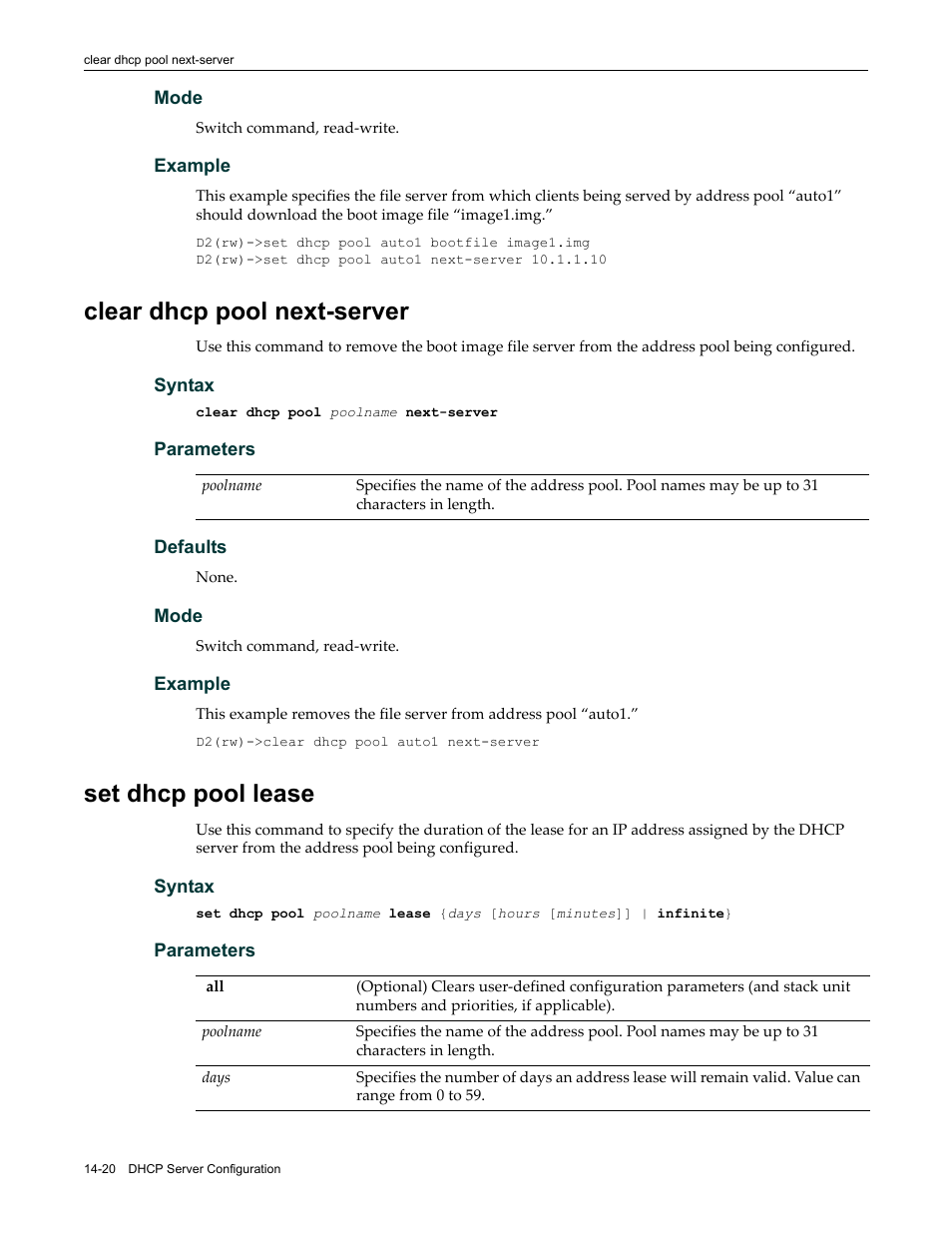 Clear dhcp pool next-server, Set dhcp pool lease | Enterasys Networks Enterasys D2 D2G124-12P User Manual | Page 414 / 496