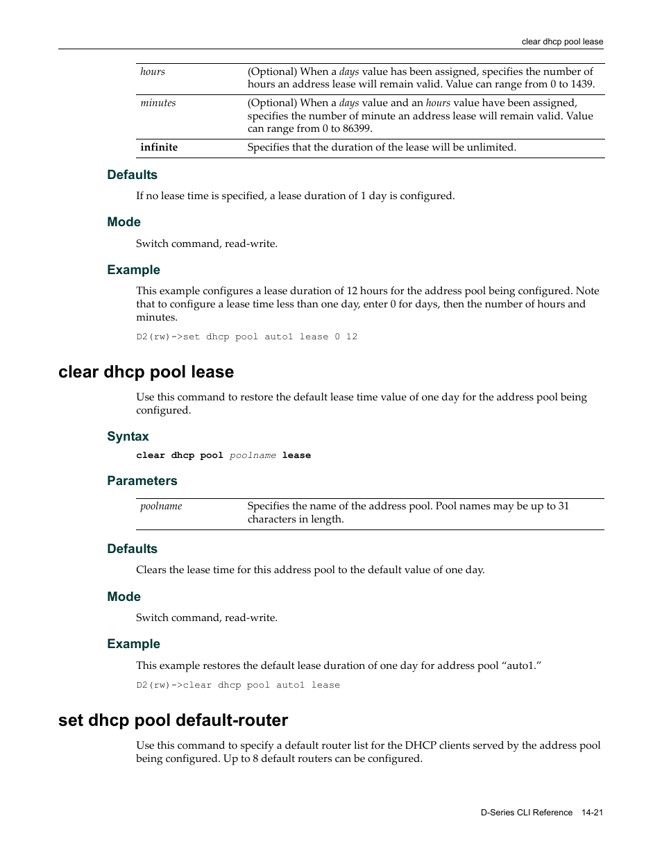 Clear dhcp pool lease, Set dhcp pool default-router | Enterasys Networks Enterasys D2 D2G124-12P User Manual | Page 415 / 496