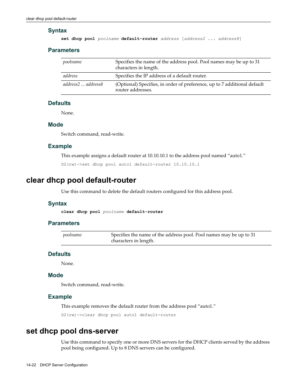 Clear dhcp pool default-router, Set dhcp pool dns-server | Enterasys Networks Enterasys D2 D2G124-12P User Manual | Page 416 / 496