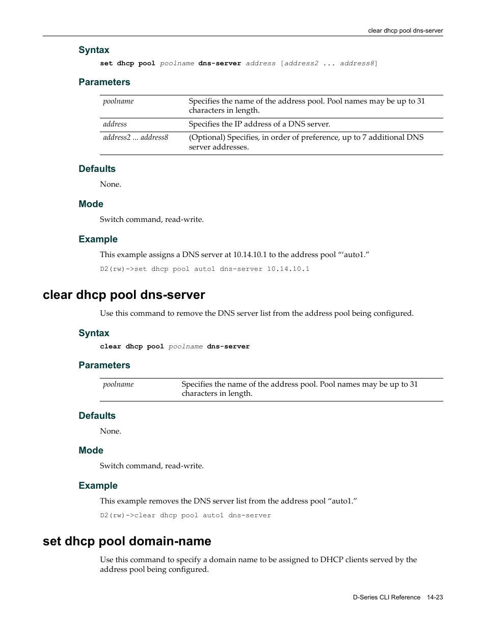 Clear dhcp pool dns-server, Set dhcp pool domain-name | Enterasys Networks Enterasys D2 D2G124-12P User Manual | Page 417 / 496