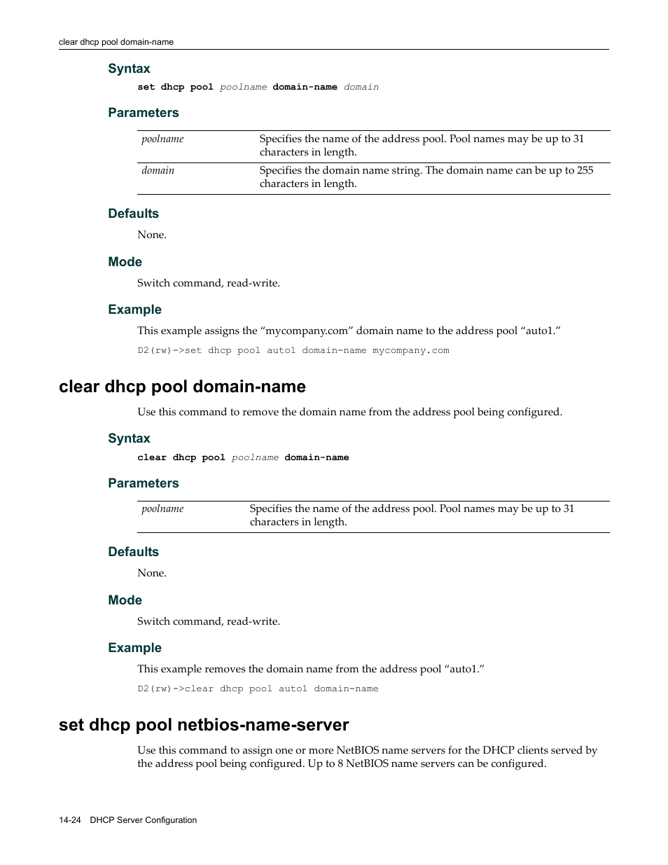 Clear dhcp pool domain-name, Set dhcp pool netbios-name-server | Enterasys Networks Enterasys D2 D2G124-12P User Manual | Page 418 / 496