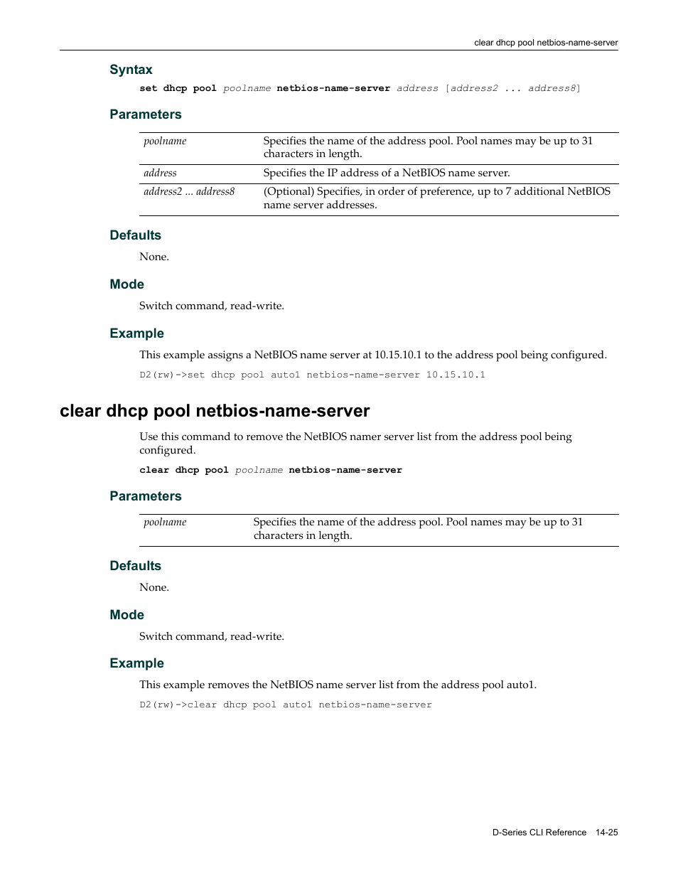 Clear dhcp pool netbios-name-server, Clear dhcp pool netbios-name-server -25 | Enterasys Networks Enterasys D2 D2G124-12P User Manual | Page 419 / 496