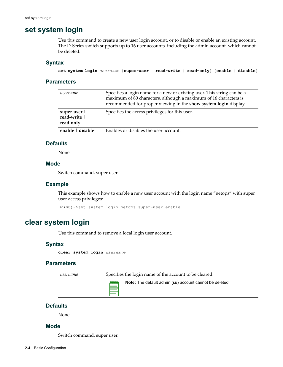 Set system login, Clear system login, Set system login -4 clear system login -4 | Enterasys Networks Enterasys D2 D2G124-12P User Manual | Page 42 / 496