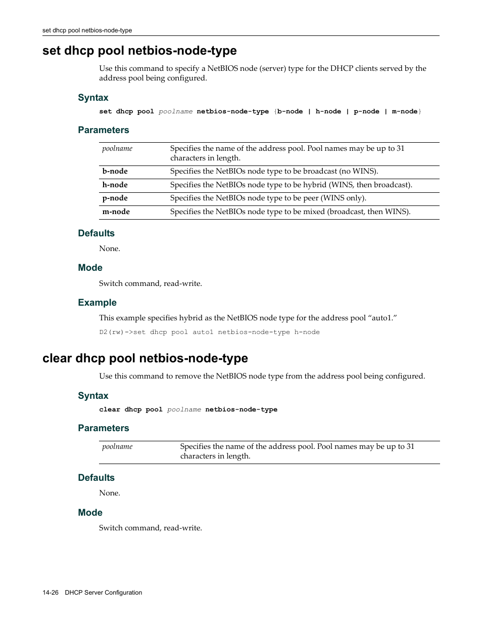 Set dhcp pool netbios-node-type, Clear dhcp pool netbios-node-type | Enterasys Networks Enterasys D2 D2G124-12P User Manual | Page 420 / 496