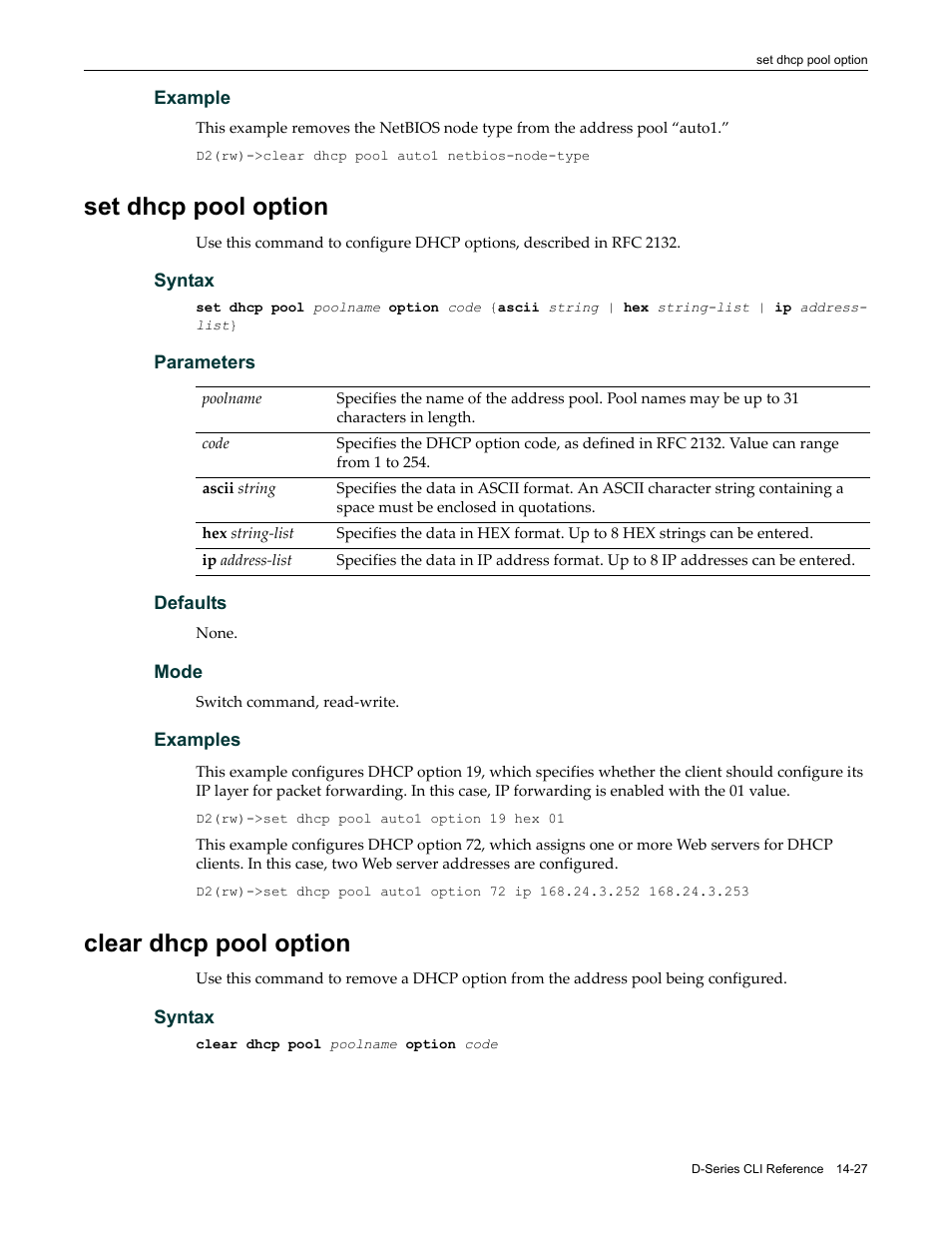 Set dhcp pool option, Clear dhcp pool option | Enterasys Networks Enterasys D2 D2G124-12P User Manual | Page 421 / 496