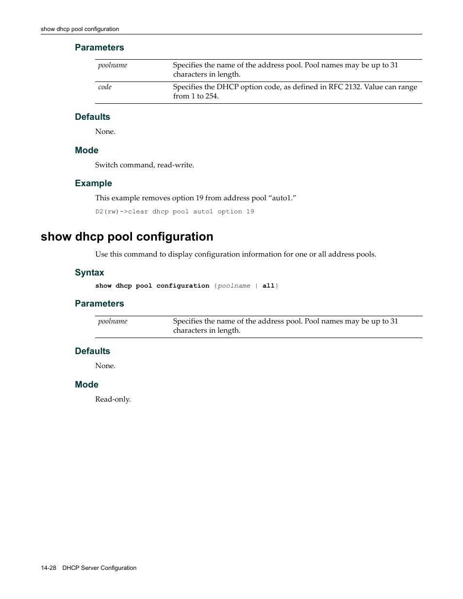 Show dhcp pool configuration, Show dhcp pool configuration -28 | Enterasys Networks Enterasys D2 D2G124-12P User Manual | Page 422 / 496