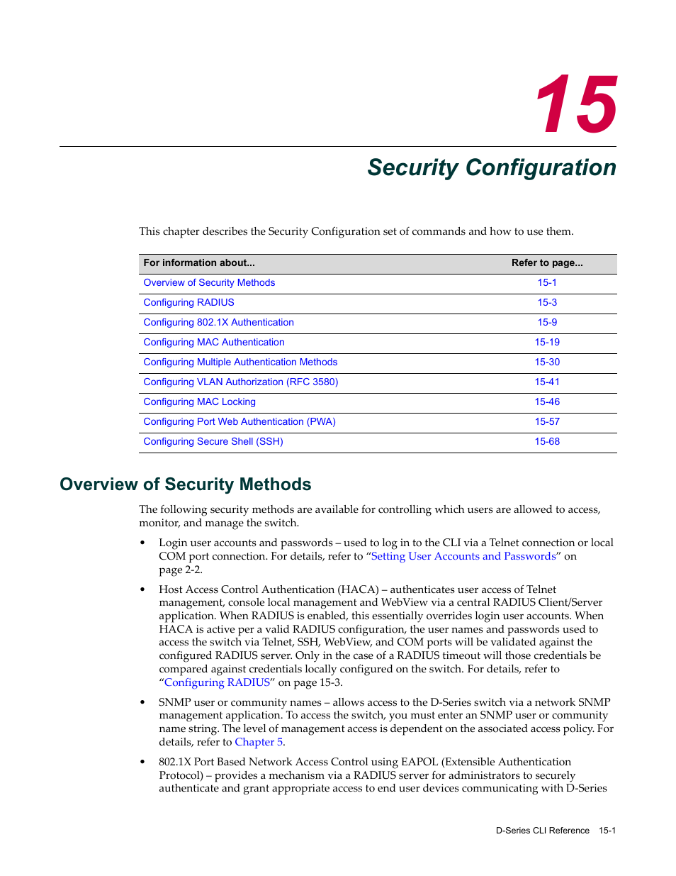 Security configuration, Overview of security methods, Chapter 15: security configuration | Overview of security methods -1, Chapter 15 | Enterasys Networks Enterasys D2 D2G124-12P User Manual | Page 425 / 496