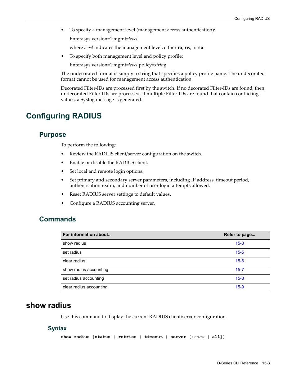 Configuring radius, Purpose, Commands | Show radius, Configuring radius -3, Purpose -3 commands -3, Show radius -3 | Enterasys Networks Enterasys D2 D2G124-12P User Manual | Page 427 / 496