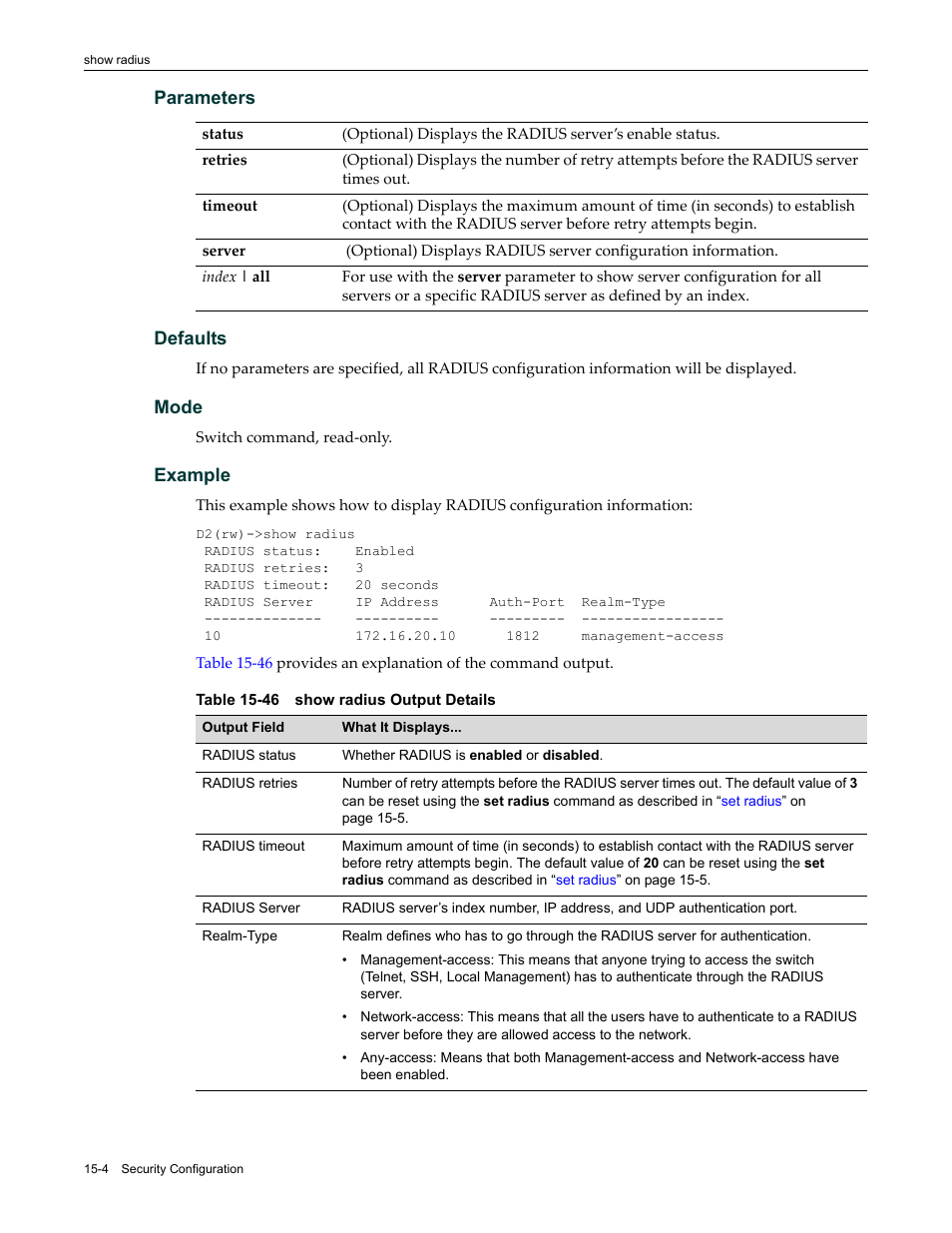 46 show radius output details -4 | Enterasys Networks Enterasys D2 D2G124-12P User Manual | Page 428 / 496