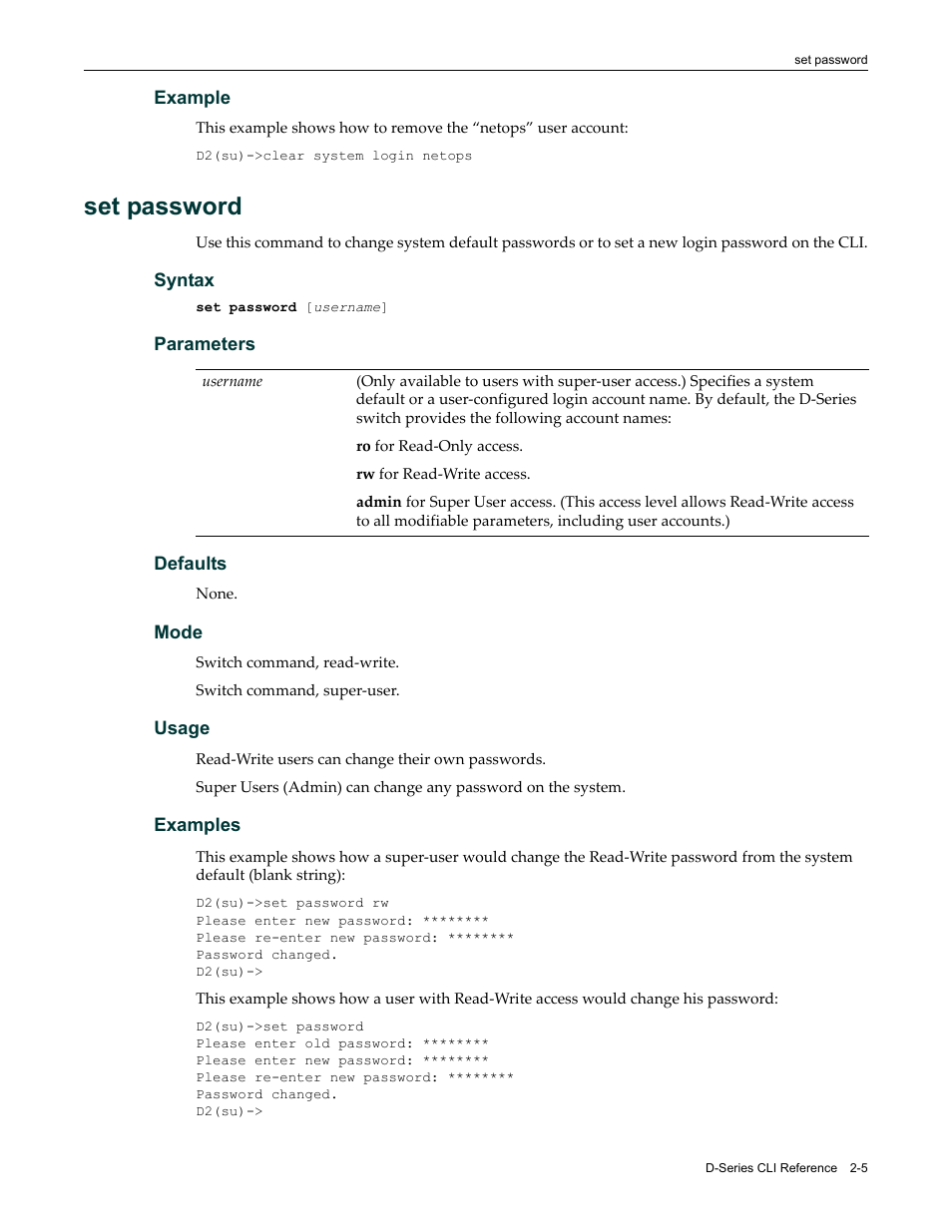 Set password, Set password -5, Command | Password | Enterasys Networks Enterasys D2 D2G124-12P User Manual | Page 43 / 496