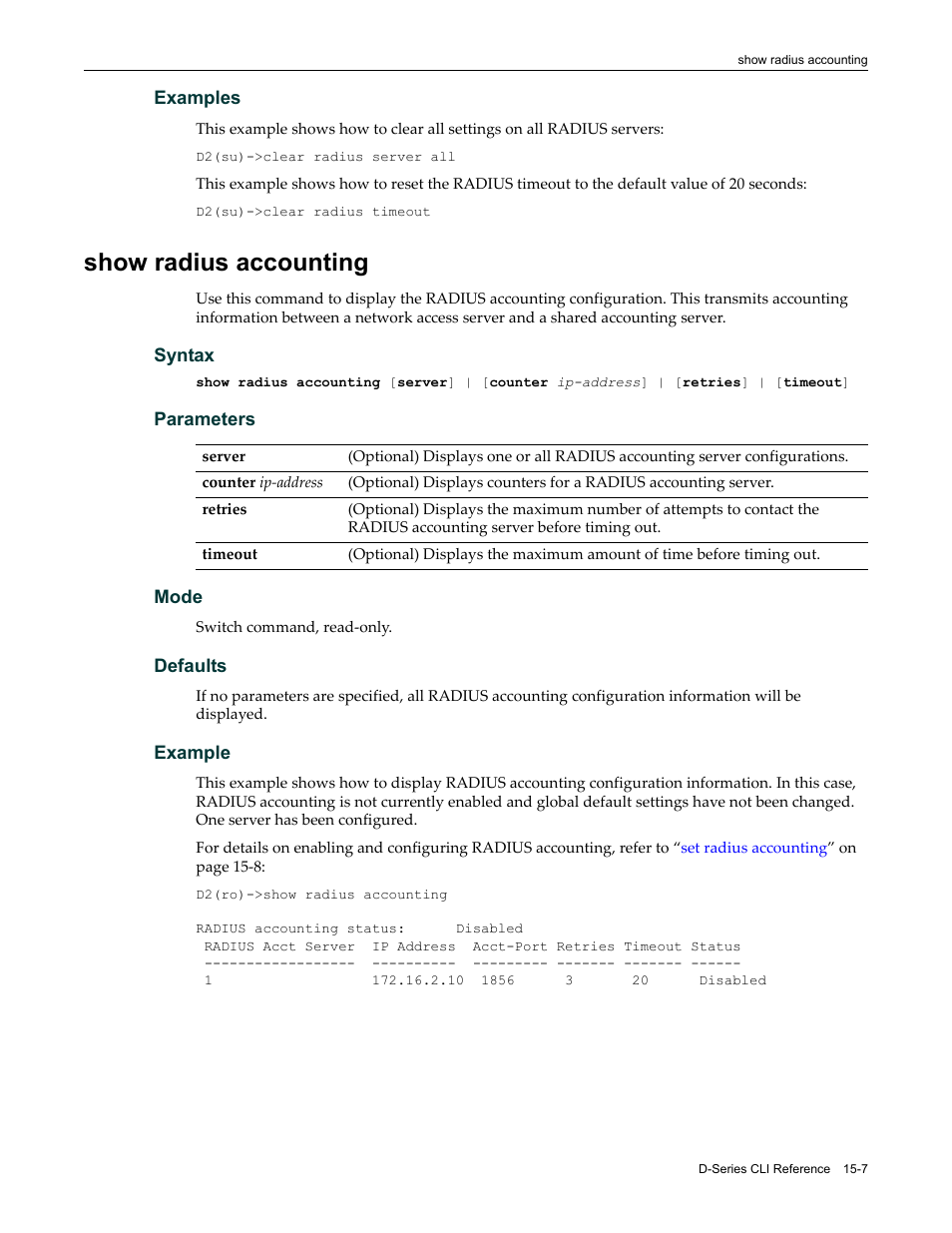 Show radius accounting, Show radius accounting -7 | Enterasys Networks Enterasys D2 D2G124-12P User Manual | Page 431 / 496