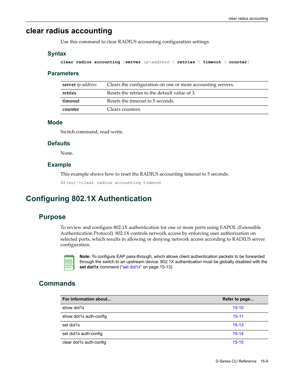 Clear radius accounting, Configuring 802.1x authentication, Purpose | Commands, Clear radius accounting -9, Configuring 802.1x authentication -9, Purpose -9 commands -9, Configuring 802.1x, Authentication | Enterasys Networks Enterasys D2 D2G124-12P User Manual | Page 433 / 496