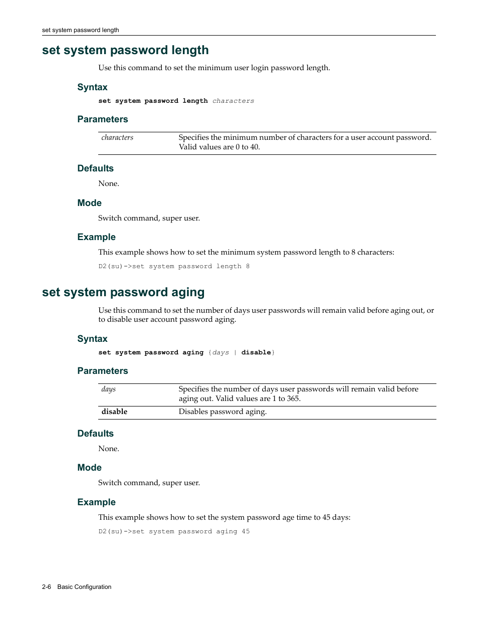 Set system password length, Set system password aging | Enterasys Networks Enterasys D2 D2G124-12P User Manual | Page 44 / 496