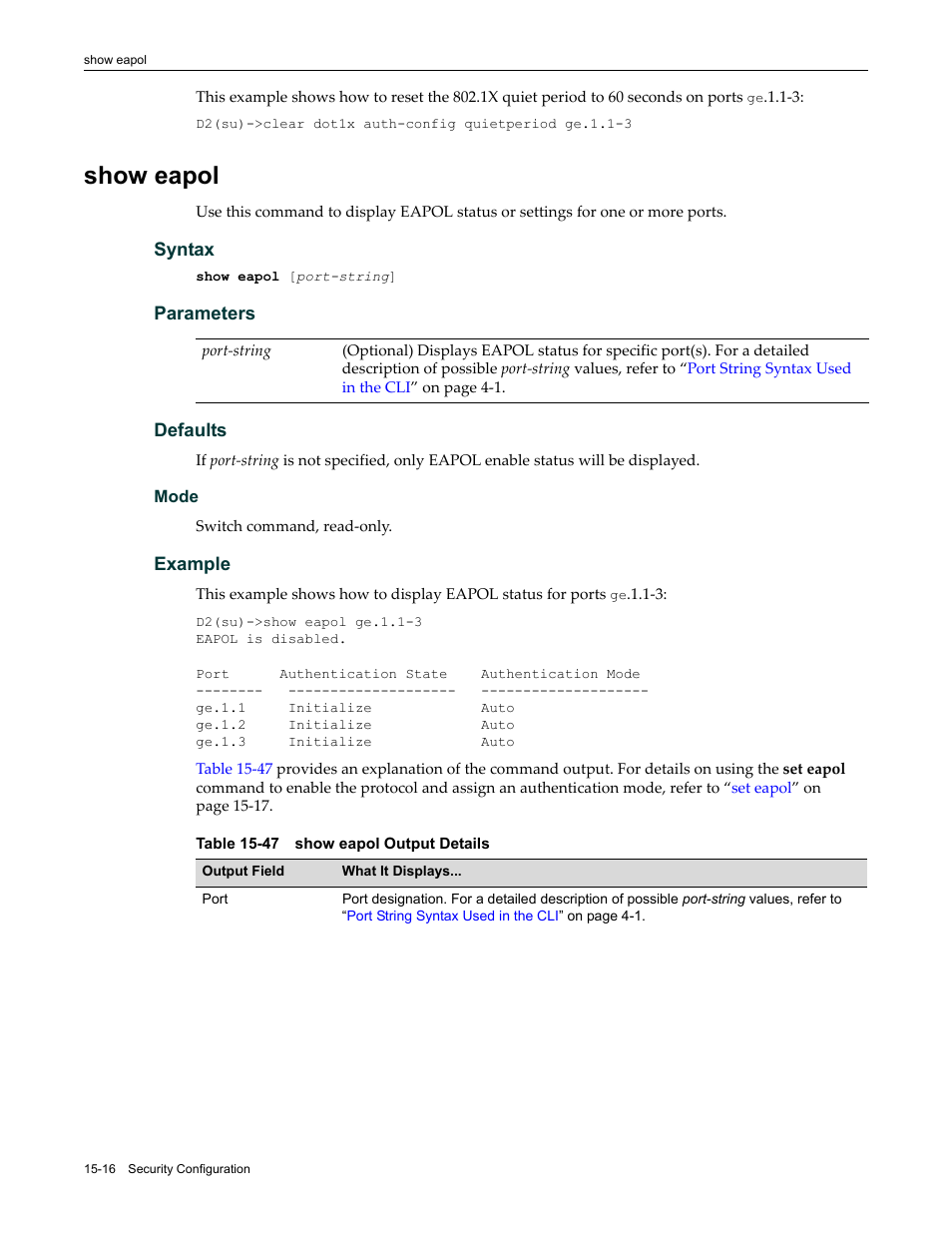 Show eapol, Show eapol -16, 47 show eapol output details -16 | Enterasys Networks Enterasys D2 D2G124-12P User Manual | Page 440 / 496