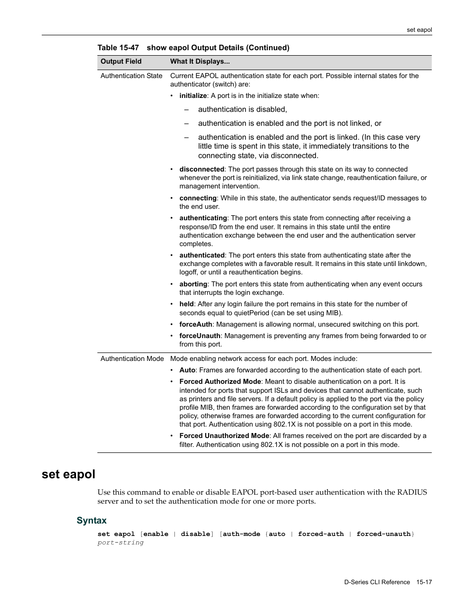 Set eapol, Set eapol -17, Syntax | Enterasys Networks Enterasys D2 D2G124-12P User Manual | Page 441 / 496