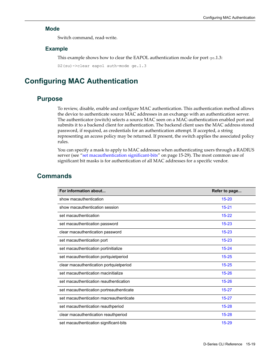 Configuring mac authentication, Purpose, Commands | Configuring mac authentication -19, Purpose -19 commands -19 | Enterasys Networks Enterasys D2 D2G124-12P User Manual | Page 443 / 496