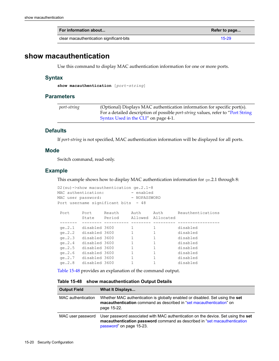 Show macauthentication, Show macauthentication -20, 48 show macauthentication output details -20 | Enterasys Networks Enterasys D2 D2G124-12P User Manual | Page 444 / 496