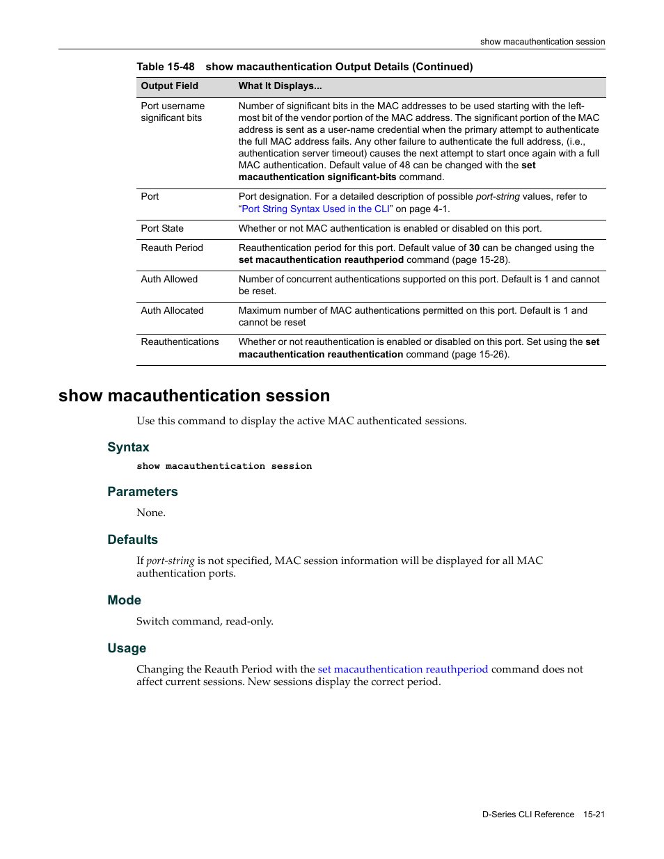 Show macauthentication session, Show macauthentication session -21 | Enterasys Networks Enterasys D2 D2G124-12P User Manual | Page 445 / 496