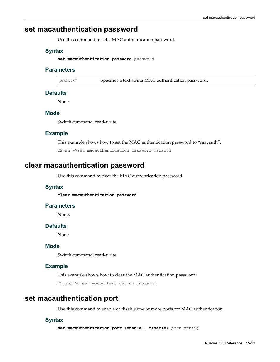 Set macauthentication password, Clear macauthentication password, Set macauthentication port | Set macauthentication, Password | Enterasys Networks Enterasys D2 D2G124-12P User Manual | Page 447 / 496