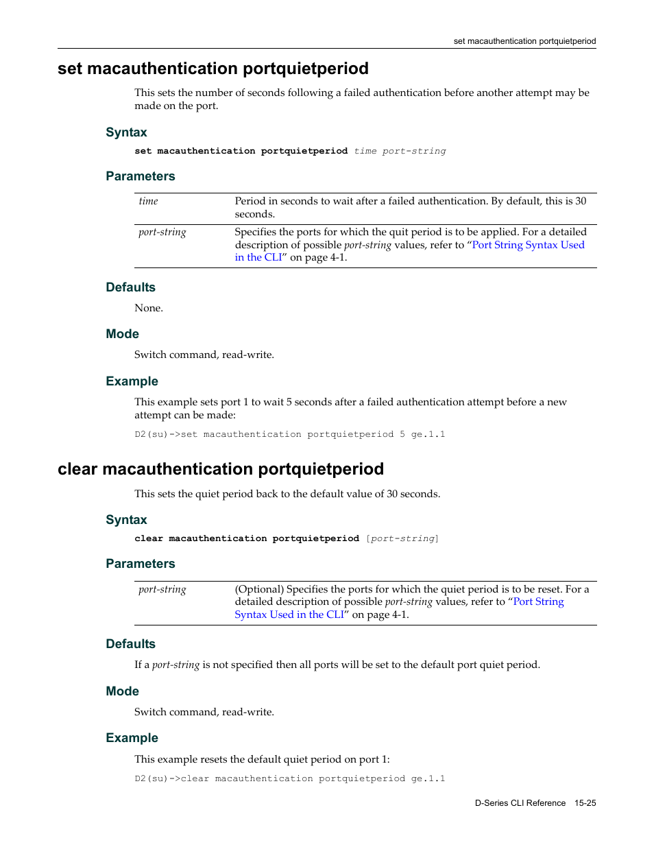 Set macauthentication portquietperiod, Clear macauthentication portquietperiod | Enterasys Networks Enterasys D2 D2G124-12P User Manual | Page 449 / 496