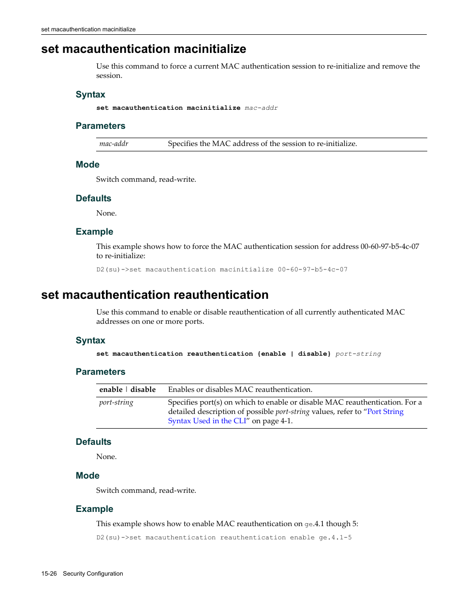 Set macauthentication macinitialize, Set macauthentication reauthentication, Ed in | Macauthentication reauthentication | Enterasys Networks Enterasys D2 D2G124-12P User Manual | Page 450 / 496