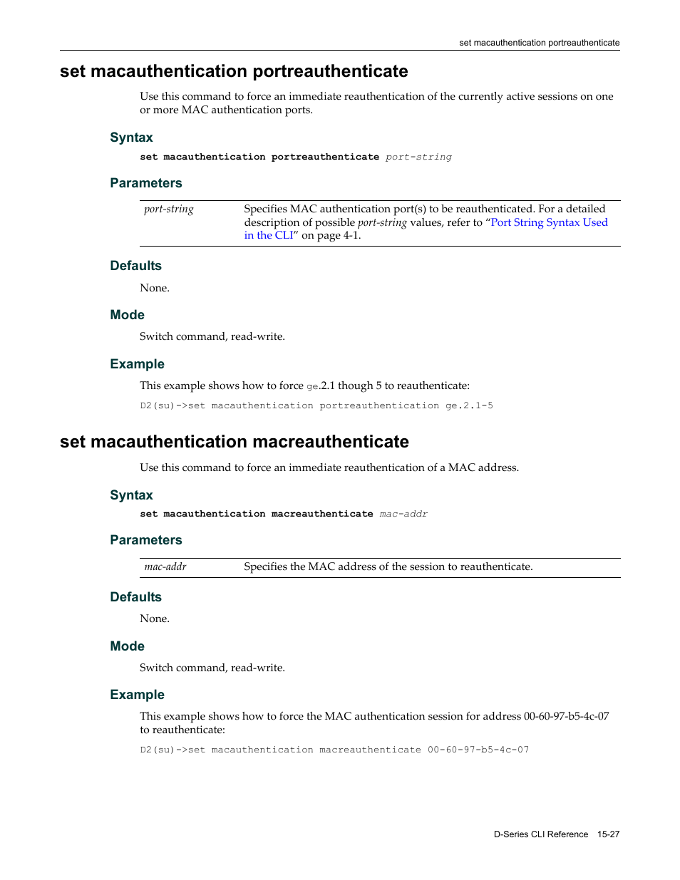 Set macauthentication portreauthenticate, Set macauthentication macreauthenticate | Enterasys Networks Enterasys D2 D2G124-12P User Manual | Page 451 / 496