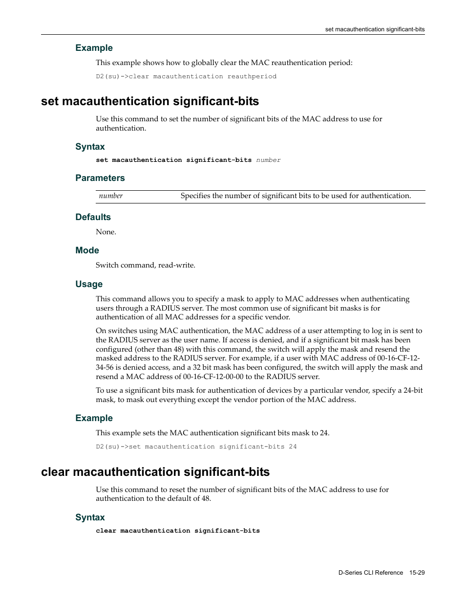 Set macauthentication significant-bits, Clear macauthentication significant-bits, Set macauthentication significant‐bits | Enterasys Networks Enterasys D2 D2G124-12P User Manual | Page 453 / 496