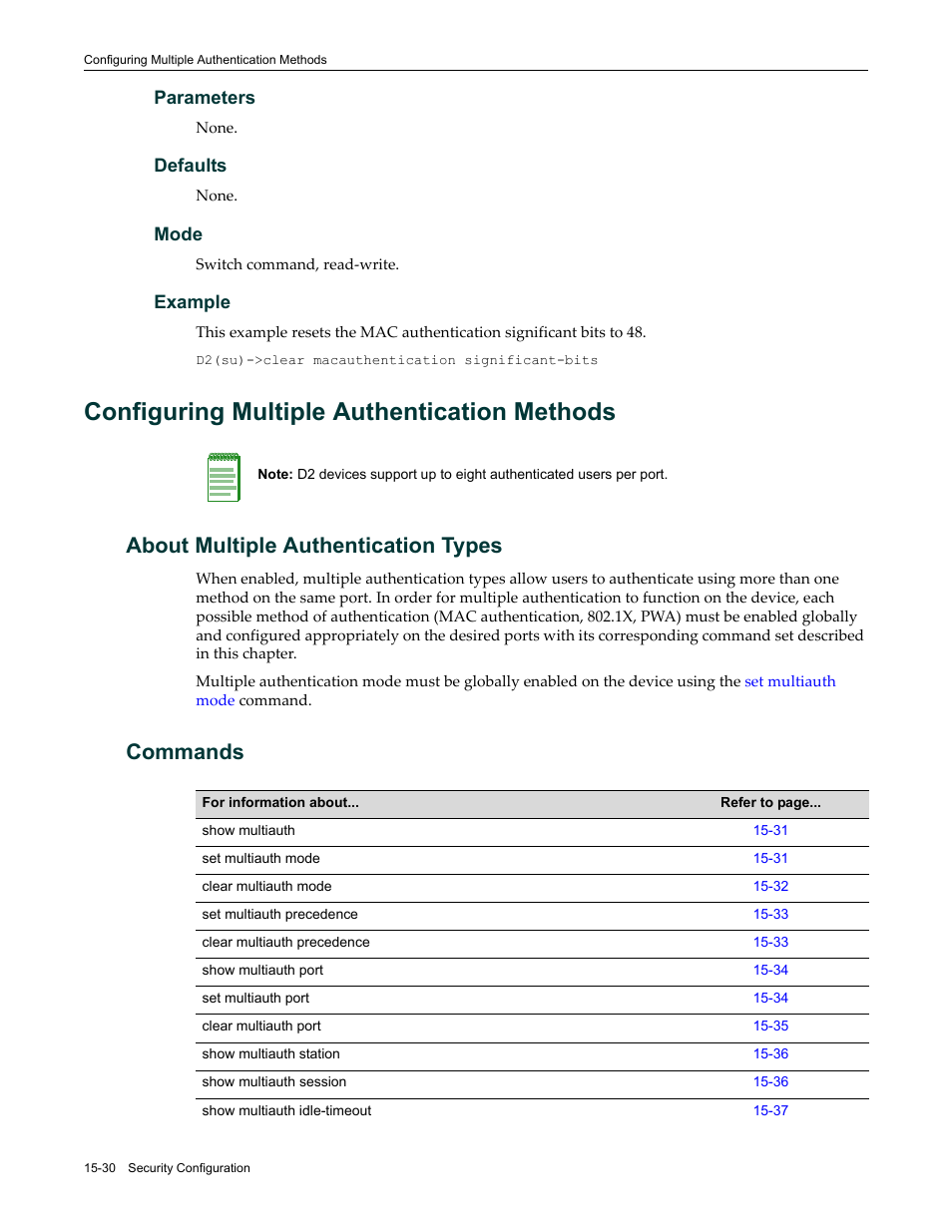 Configuring multiple authentication methods, About multiple authentication types, Commands | Configuring multiple authentication methods -30, Configuring multiple authentication, Methods | Enterasys Networks Enterasys D2 D2G124-12P User Manual | Page 454 / 496