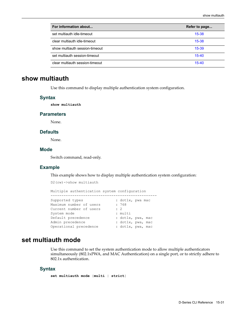 Show multiauth, Set multiauth mode, Show multiauth -31 set multiauth mode -31 | Set multiauth, Mode | Enterasys Networks Enterasys D2 D2G124-12P User Manual | Page 455 / 496