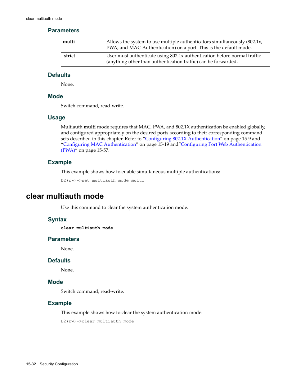 Clear multiauth mode, Clear multiauth mode -32 | Enterasys Networks Enterasys D2 D2G124-12P User Manual | Page 456 / 496