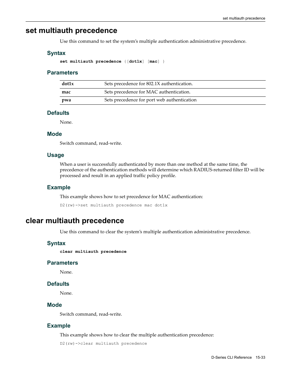 Set multiauth precedence, Clear multiauth precedence | Enterasys Networks Enterasys D2 D2G124-12P User Manual | Page 457 / 496