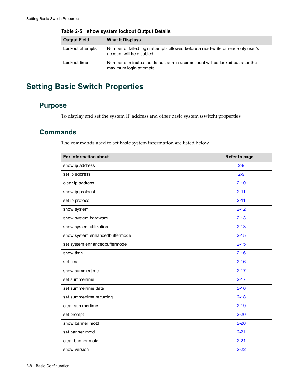 Setting basic switch properties, Purpose, Commands | Setting basic switch properties -8, Purpose -8 commands -8, Show system lockout output details -8 | Enterasys Networks Enterasys D2 D2G124-12P User Manual | Page 46 / 496