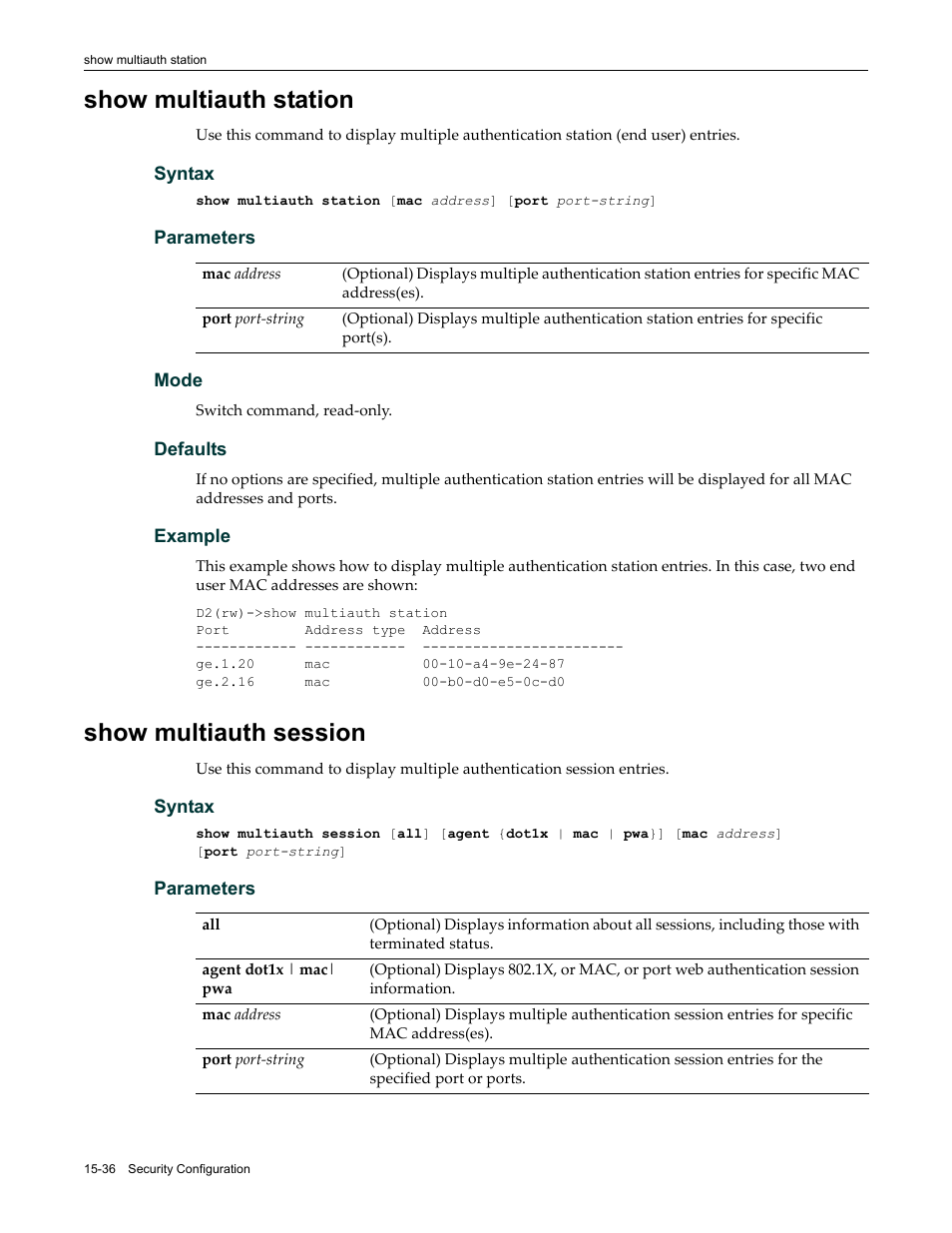 Show multiauth station, Show multiauth session | Enterasys Networks Enterasys D2 D2G124-12P User Manual | Page 460 / 496