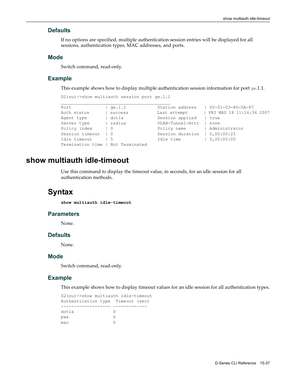 Show multiauth idle-timeout, Show multiauth idle-timeout -37, Syntax | Enterasys Networks Enterasys D2 D2G124-12P User Manual | Page 461 / 496