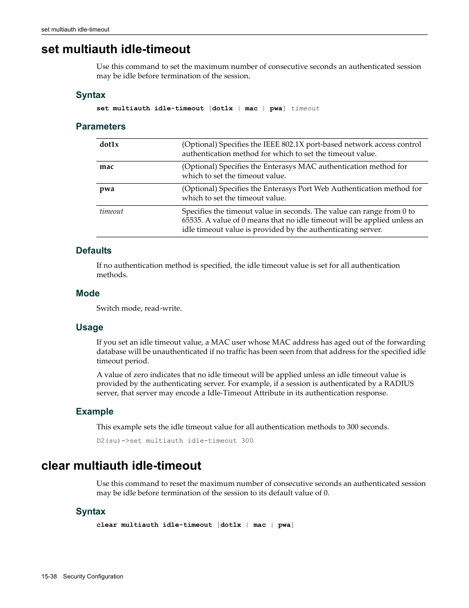 Set multiauth idle-timeout, Clear multiauth idle-timeout | Enterasys Networks Enterasys D2 D2G124-12P User Manual | Page 462 / 496