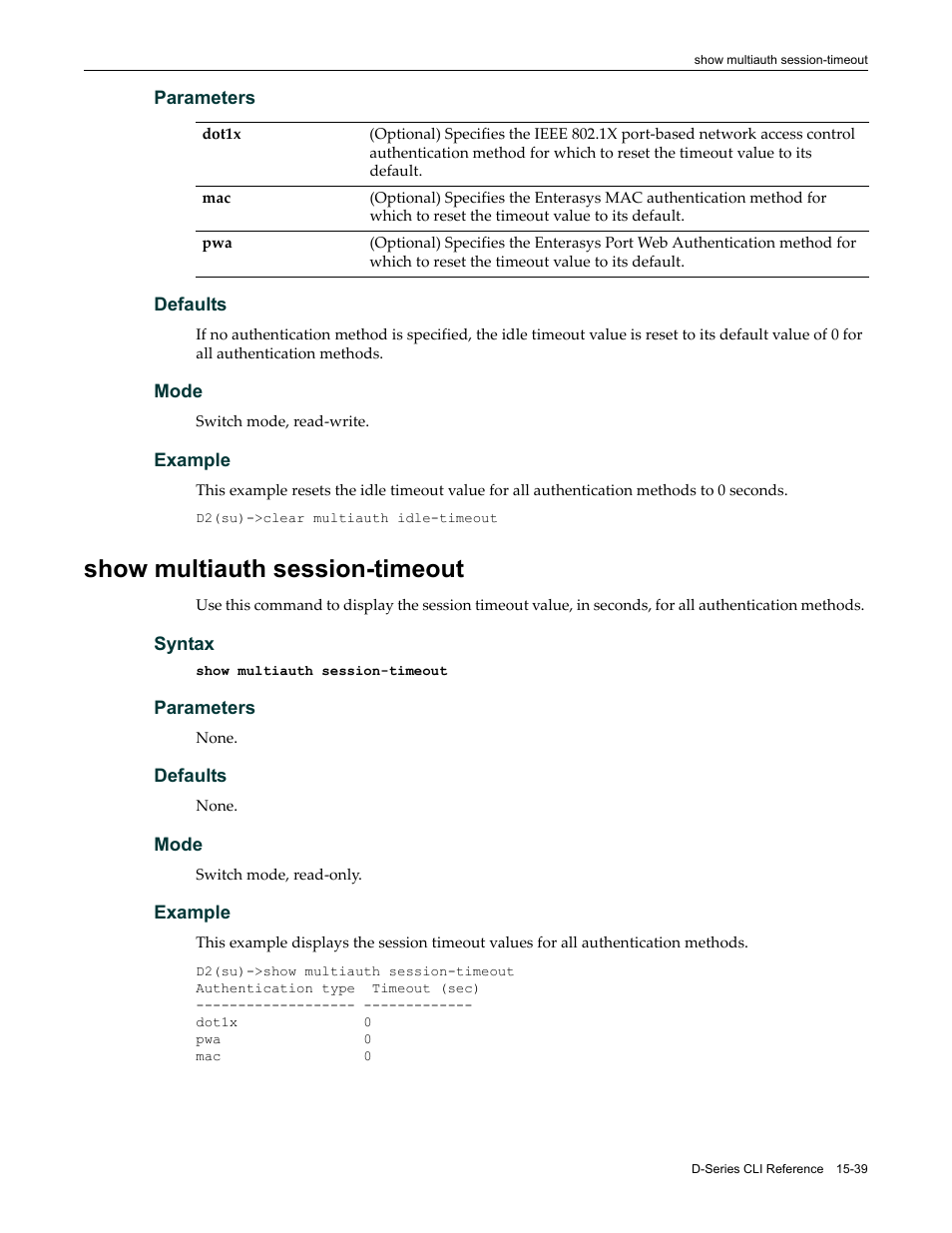 Show multiauth session-timeout, Show multiauth session-timeout -39 | Enterasys Networks Enterasys D2 D2G124-12P User Manual | Page 463 / 496