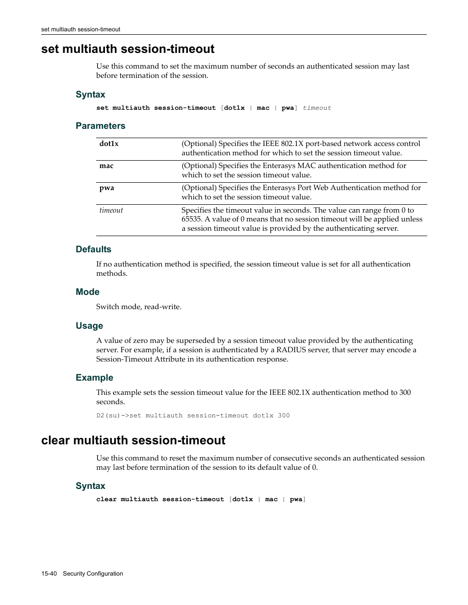 Set multiauth session-timeout, Clear multiauth session-timeout | Enterasys Networks Enterasys D2 D2G124-12P User Manual | Page 464 / 496