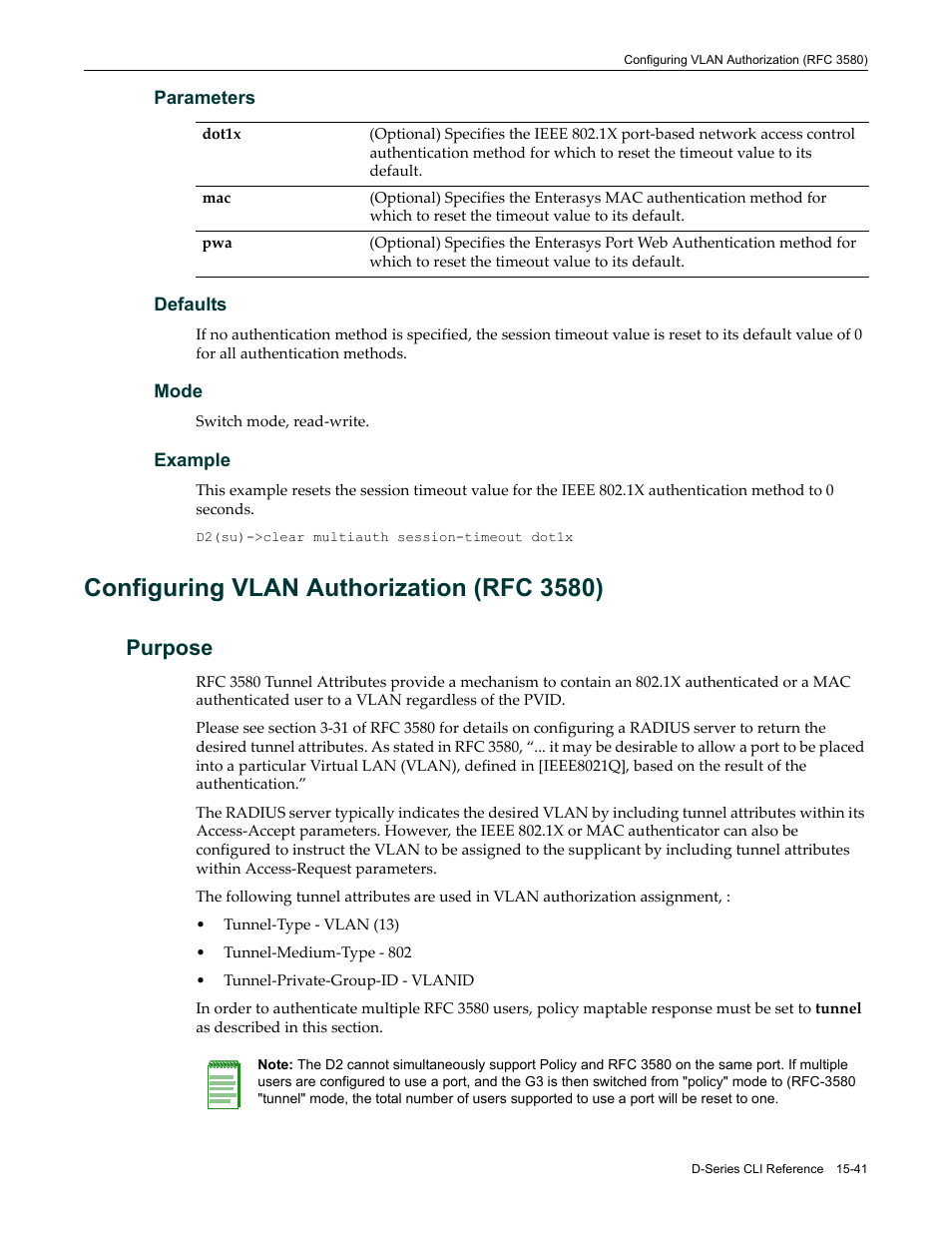 Configuring vlan authorization (rfc 3580), Purpose, Configuring vlan authorization (rfc 3580) -41 | Purpose -41, Configuring vlan, Authorization (rfc 3580) | Enterasys Networks Enterasys D2 D2G124-12P User Manual | Page 465 / 496