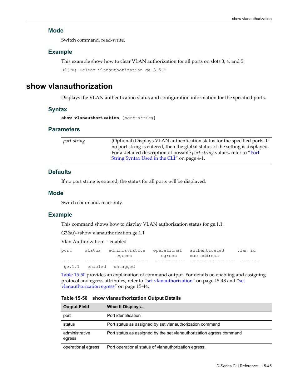 Show vlanauthorization, Show vlanauthorization -45, 50 show vlanauthorization output details -45 | Enterasys Networks Enterasys D2 D2G124-12P User Manual | Page 469 / 496