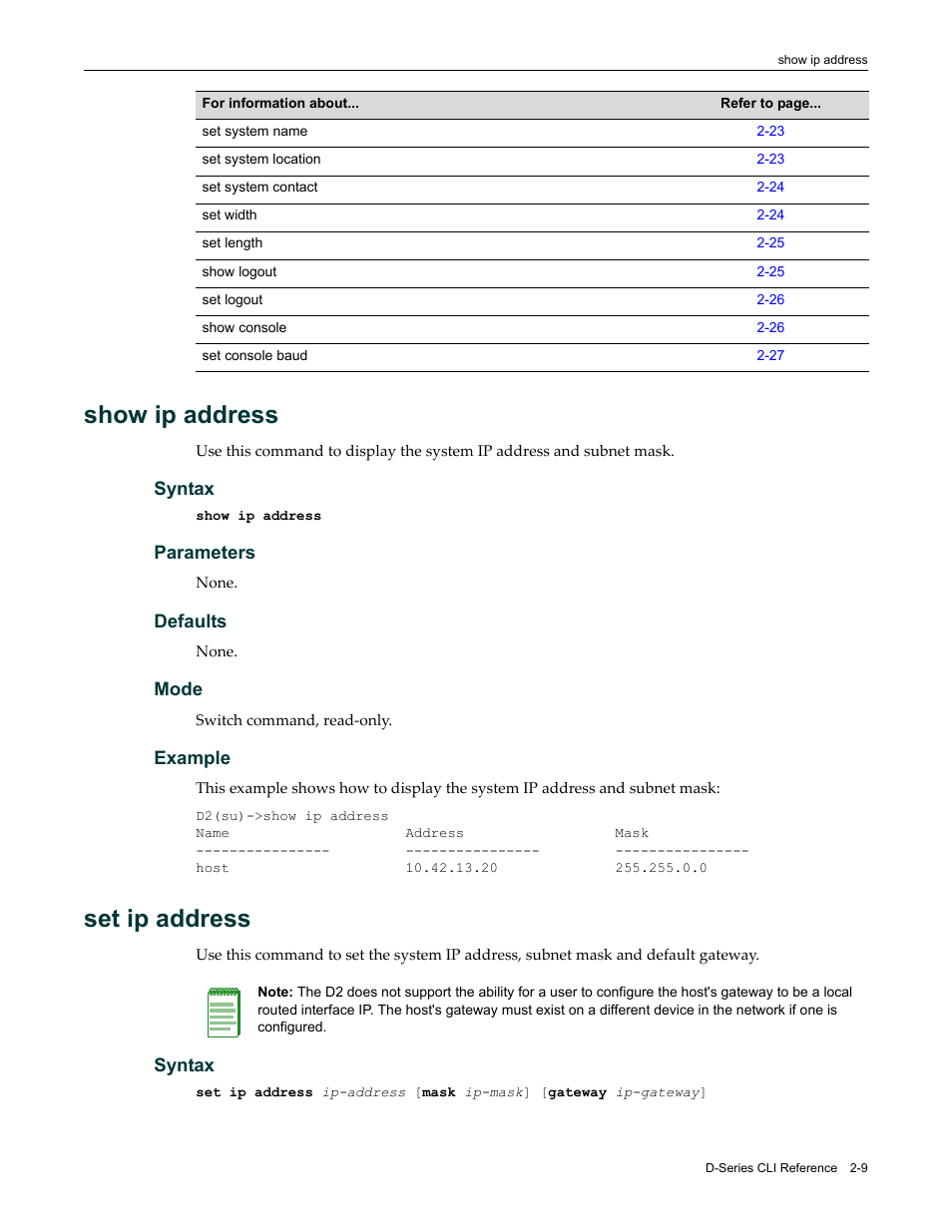 Show ip address, Set ip address, Show ip address -9 set ip address -9 | Ip address | Enterasys Networks Enterasys D2 D2G124-12P User Manual | Page 47 / 496