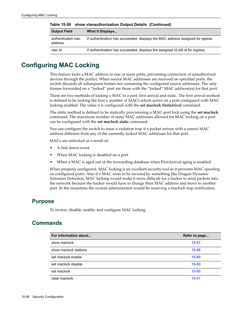 Configuring mac locking, Purpose, Commands | Configuring mac locking -46, Purpose -46 commands -46, Configuring mac, Locking | Enterasys Networks Enterasys D2 D2G124-12P User Manual | Page 470 / 496