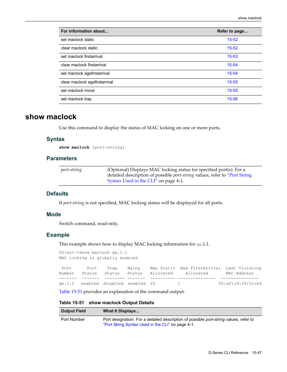 Show maclock, Show maclock -47, 51 show maclock output details -47 | Enterasys Networks Enterasys D2 D2G124-12P User Manual | Page 471 / 496